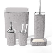Özbience 5 Parça Banyo Seti, Kalp Desenli, Gri Silver, Kare, Click Kapak, 8l