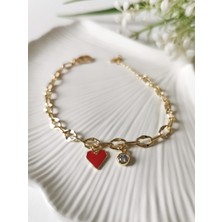 Halley Concept Vip Kırmızı Kalp Charmlı Zirkon Taşlı Çelik Bileklik 14K Altın Renk