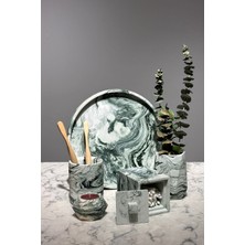 Özbience 6 Parça Mermer Desenli Beton Wc ve Banyo Seti, Sunum Tepsisi, Diş Fırçalık, Mumluk, Pamukluk