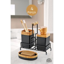 Özbience Şık Metal Standlı Ahşap Detaylı Banyo Seti, Sıvı ve Katı Sabunluk, Diş Fırçalık