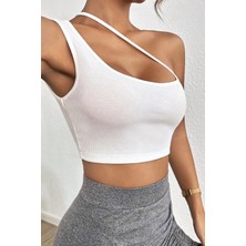 SHC4200 Kadın Beyaz Tek Omuzlu Çapraz Askılı Crop Top Büstiyer