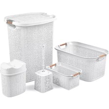 Özbience 5 Parça Banyo Seti, Ahşap Saplı Beyaz Çamaşır ve Kirli Sepetleri