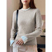 Moderie Butik Kadın Uzun Kollu Fırfırlı Yakalı Triko Krem Bluz