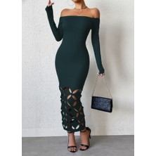 Moderie Butik Kadın Madonna Yaka Uzun Kollu Lazer Çiçek Kesim Detaylı Uzun Ithal Krep Elbise