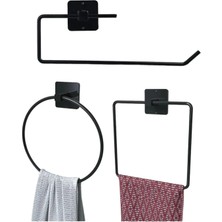Özbience Siyah Metal 3'lü Yapışkanlı Havluluk Seti, Yuvarlak ve Kare Tasarımlar