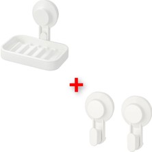Özbience Çiftli Vantuzlu Banyo Seti, Beyaz Plastik Duvar Askısı ve Sabunluk