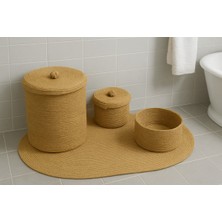 Özbience Doğal Jüt ve Hasır Bambu Banyo Takımı Seti, Sepet ve Halı, Bohem Tarz