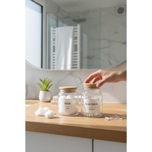 Özbience Banyo Seti 2'li Cam, Bambu Kapak, 300 ml Pamuk ve Kulak Pamuğu Kavanozu