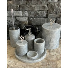 Özbience Gri Polen Stone Mermer 7'li Banyo Seti, Japon Gülü ve Gümüş Aksesuarlarla