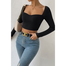 Moda Dua Kadın Siyah Uzun Kol Göğüs Dekolteli Şık Crop Top Bluz