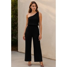 SHC4200 Kadın Siyah Tek Omuzlu Şık Bluz & Geniş Paça Pantolon Ikili Takım