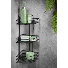 Özbience 3 Katlı Siyah Yapışkanlı Banyo Köşeliği, Şampuanlık ve Duş Rafı