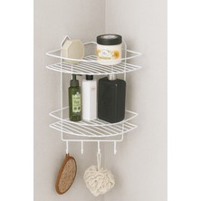 Özbience Paslanmaz Beyaz Çok Katlı Duş Rafı ve Şampuanlık, 4 Kanca, Köşeli Düzenleyici