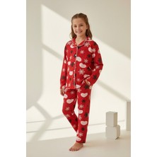Miniğimin Cicileri Kalp Kar Tanesi Ç Desenli Süet Kız Çocuk Pijama takımı - Kırmızı