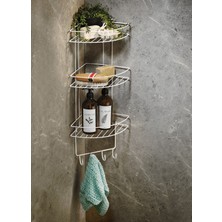 Özbience Paslanmaz Beyaz 3 Katlı Duş Rafı ve Şampuanlık, Kancalı Köşe Düzenleyici