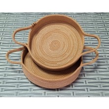 Özbience Şık Altın Kahve Dekoratif Hasır 2'li Tepsi Sepet Seti (7X28X45 Cm)