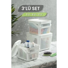 Özbience Çok Amaçlı 3'lü Sepet Seti, Kapaklı ve Kulplu Organizerler