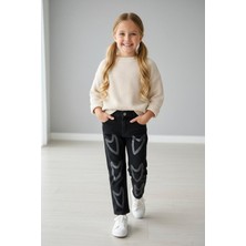 Miniğimin Cicileri Simli Kalp Baskılı Desen Kız Çocuk kot pantolon - Siyah