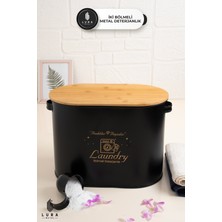 Özbience Iki Bölmeli Siyah Bambu Kapaklı 12 Lt Metal Deterjan Saklama Kutusu