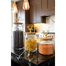 Özbience 3’lü Bambu Kapaklı Metal Geyik Figürlü Cam Saklama Kabı Seti