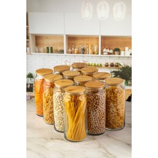 Özbience Bambu Kapaklı Vakumlu Cam Kavanoz Seti, 12'li, 1440 ml