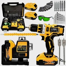 Pratik Akülü Lazer Terazi ve Vidalama Matkap Seti Sarı 58VF EEA257