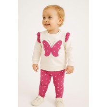 Dinamik çocuk Kız Bebek Takım Kelebek Puantiye Desenli Kol Detaylı Aylık Mevsimlik 2li Alt Üst 3-6-9-12AY