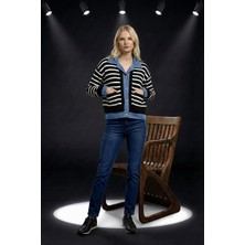 Robin Kadın Siyah Beyaz Çizgili Denim Detaylı Triko Hırka