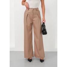 Combin Deri Geniş Paça Beli Lastikli Pantolon Bej H263644