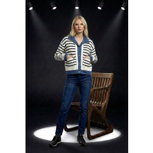 Robin Kadın Beyaz Siyah Çizgili Denim Detaylı Triko Hırka