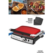 Özbience Parlak Kırmızı Paslanmaz Çelik Tost ve Izgara Makinesi 2000 W Granit Plakalar