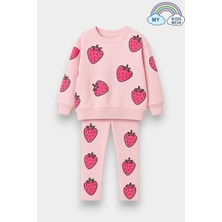 My Kids Wear Kız Çocuk Çilek Desenli 3 Iplik Şardonsuz Sweatshirt Tayt Takım 2-10 Yaş 12345