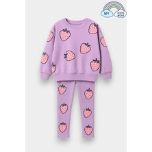 My Kids Wear Kız Çocuk Çilek Desenli 3 Iplik Şardonsuz Sweatshirt Tayt Takım 2-10 Yaş 12344