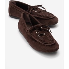 Luvi Lorven Kahverengi Süet Hakiki Deri Bağcıklı Kadın Loafer Ayakkabı