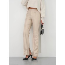 OEY Fashions Ispanyol Yırtmaçlı Paça Deri Pantolon Bej Hn