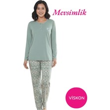 Kadın Etnik Desenli 3 Düğmeli Likralı Viskon Mevsimlik Uzun Kol Pijama Takımı