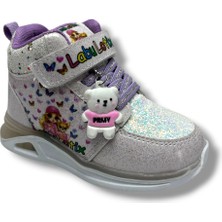 Bolimex 3650-26 Simli Rugan Deri Baskılı Anatomik Işıklı Makotlu Kız Çocuk Bot Buz Gri Lila 26-30