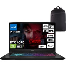 MSI Msı Katana 17 I7-13620H 16-Gbddr5 4 Tbssd RTX4070 (8gb) 17.3" Fhd 144Hz Windows 10 Home Gaming Laptop + Zg Sırt Çantası  B13VGK-1287XTRZGC57