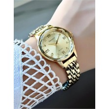 Ferrucci Altın Sarısı Renk Kristal Efektli Kadran Şık Çelik Kadın Kol Saati