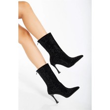 Les Passent Kadın Londen Siyah Süet Siyah Taş Işlemeli 9 cm Ince Topuklu Arkadan Fermuarlı Kısa Çizme-Bot