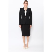 Önder Özsoy Sıfır Yaka Ön Robalı Ceket & Düz Dar Etek-Siyah