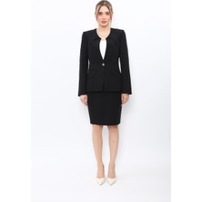 Önder Özsoy Sıfır Yaka Ön Robalı Ceket & Yırtmaçlı Düz Dar Etek-Siyah