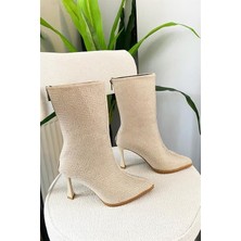 Les Passent Kadın Londen Bej Süet  Gümüş Taş Işlemeli 9 cm Ince Topuklu Arkadan Fermuarlı Kısa Çizme-Bot