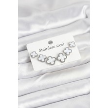 Stillove 316L Çelik Gümüş Beyaz Renk 3 Boy Yonca Küpe Seti