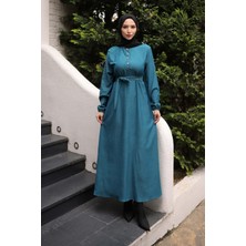 İmaj Butik Petrol Yeşili Kuşaklı Kol Lastikli Fitilli Elbise