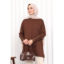 İmaj Butik Kahverengi Kol Fermuarlı Soğuk İplik Triko Tunik