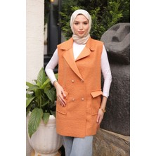 İmaj Butik Camel Renkli Cepli Buklet Yelek Kadın Kruvaze Yaka Özellikleri ile Şık Seçim