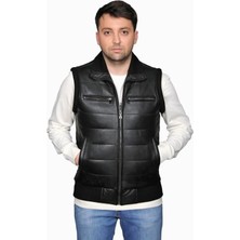 Derije Max Hakiki Deri Erkek Siyah Triko Detaylı Şişme Yelek