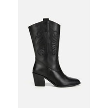 Yaya By Hotiç Kadın Siyah Işleme Detaylı Kovboy Western Topuklu Bot