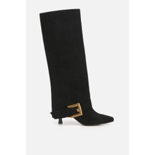 Yaya By Hotiç Kadın Süet Siyah Pantolon Görünümlü Tokalı Topuklu Çizme